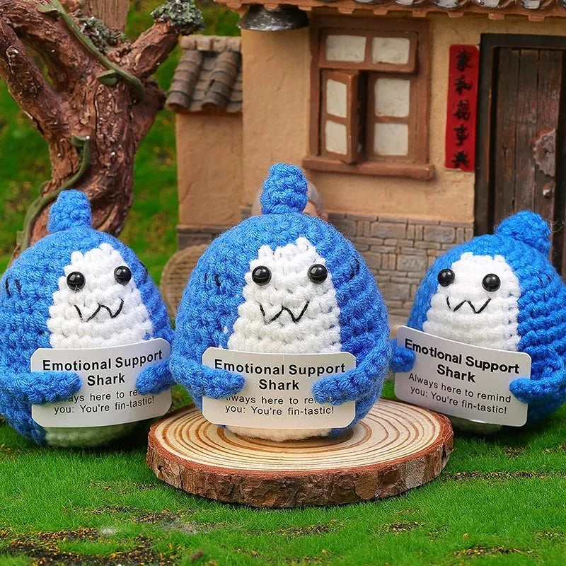 Positive Energy Handmade Plush Wool Knitting Shark Potatoes Doll Emotional Support Hug Pocket with Card Creative Festivals Gift Good Vibrations