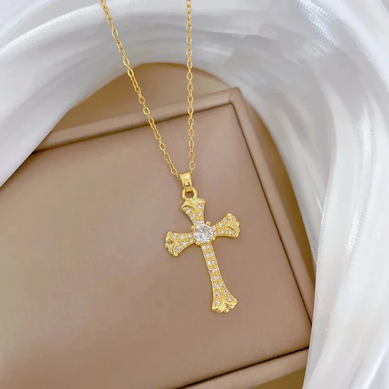 Luxurious Titanium Steel Cross Necklace Elegant Minimalist Choker Chain Jewelry Accessory for Women Versatile Fashionable Good Vibrations