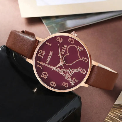 Fashion Watch Glasses Set Casual Leather Belt Watches Women Simple Sunglasses Ladies Iron Tower Dial Quartz Wristwatches Dress C Good Vibrations