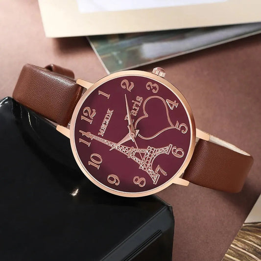 Fashion Watch Glasses Set Casual Leather Belt Watches Women Simple Sunglasses Ladies Iron Tower Dial Quartz Wristwatches Dress C Good Vibrations