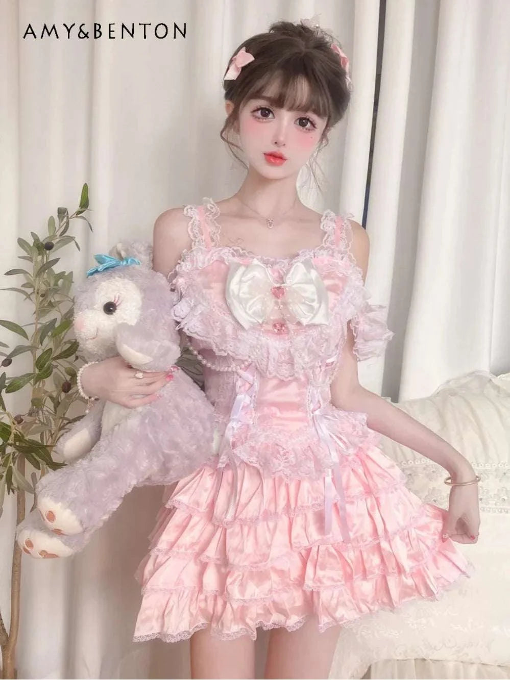Sweet pink mini skirt set with bow lace vest, Y2K style by AMY&BENTON.