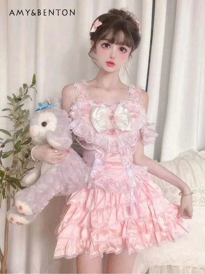 Sweet Cute Heavy Industry Skirt Sets Bow Lace Vest Mini Y2K