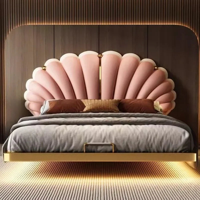 Luxury Beds 2 People Frame Floating Light Luxury Leather LED Lamp Double Bed Pink And Blue Queen Bed Frames Bedroom Furniture Good Vibrations