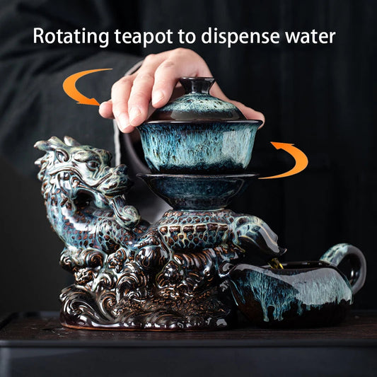 1 set, creative lazy tea set, semi-automatic dragon teapot, magnetic rotating water-conducting tea set, Chinese Kung Fu tea set Good Vibrations