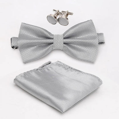 Men Bowtie Set 3pcs Plaids Classic Fashion Wedding Party Formal Cufflinks Bow Tie Handkerchief Cuff Links Lots Three Piece Set Good Vibrations