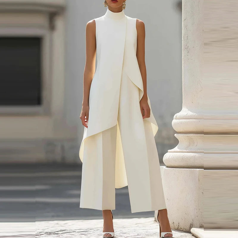 Women's Summer Office Outfits Casual Irregular Two Piece Sets Spring Elegant O Neck Sleeveless Tank Top & Wide Leg Trousers Suit Good Vibrations