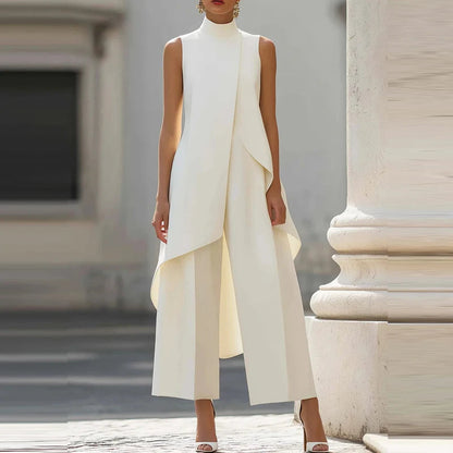 Women's Summer Office Outfits Casual Irregular Two Piece Sets Spring Elegant O Neck Sleeveless Tank Top & Wide Leg Trousers Suit Good Vibrations