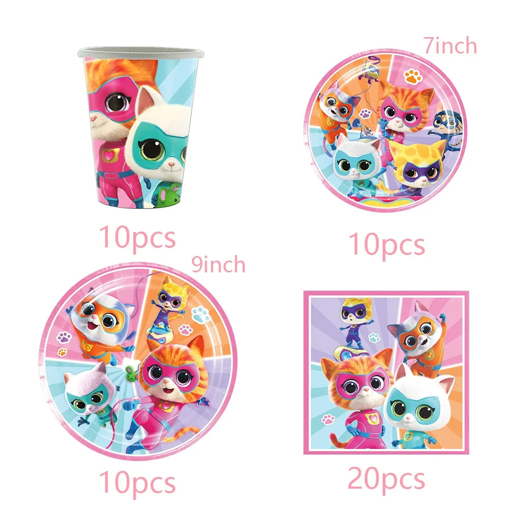 Cartoon Superkitties Birthday Party Decorations Balloons Disposable Tableware Set Paper Plates Banner for Baby Shower Kids Gifts Good Vibrations