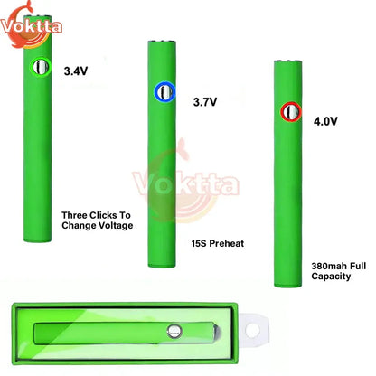 Green 510 thread battery pen with adjustable voltage, USB charging, and 380mAh capacity.
