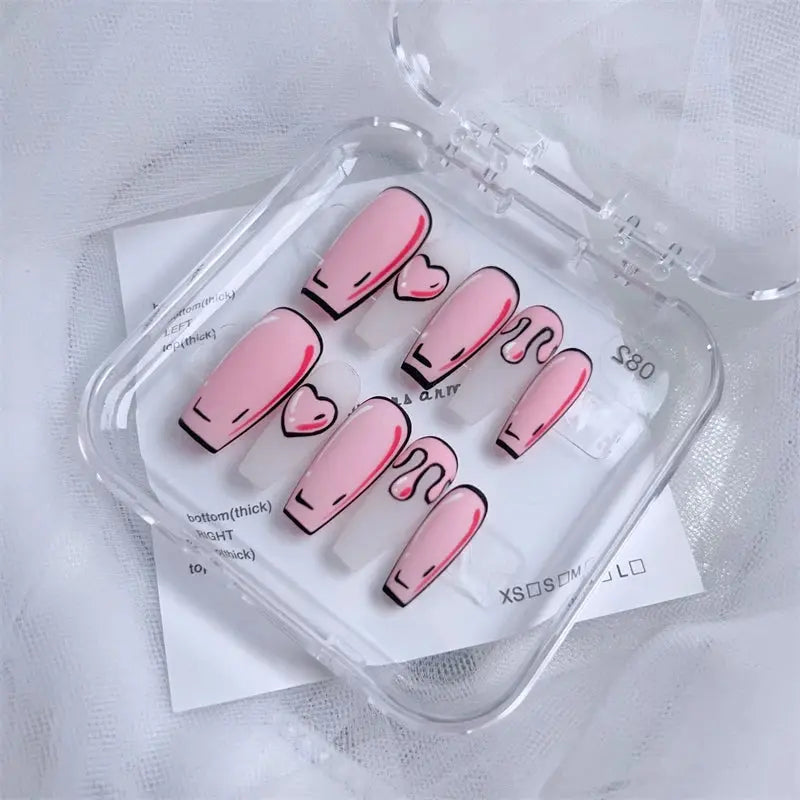 Handmade Cute Press on Nails 3D Comic Fake Nails Dreamy Pink Hearts Acrylic False Nails Full Cover Finger Tips Kit Nail Art Girl Good Vibrations