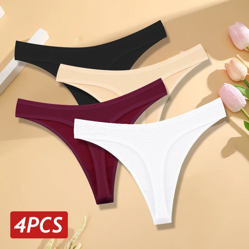 4PCS/Set Women Cotton Panties Seamless Low Rise Thongs V-Waist Solid Color Breathable Underwear Female Soft Lingerie Intimates Good Vibrations