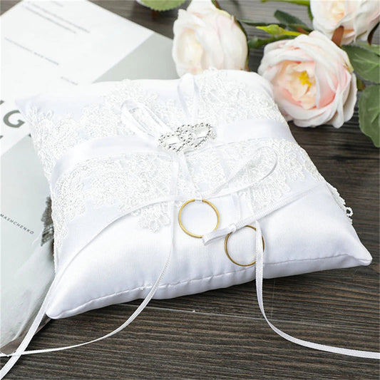 Ring Holder Wedding Supplies Western Wedding Props Exquisite Bowknot Double Heart Hollow Lace Decoration Bridal Ring Pillow Good Vibrations