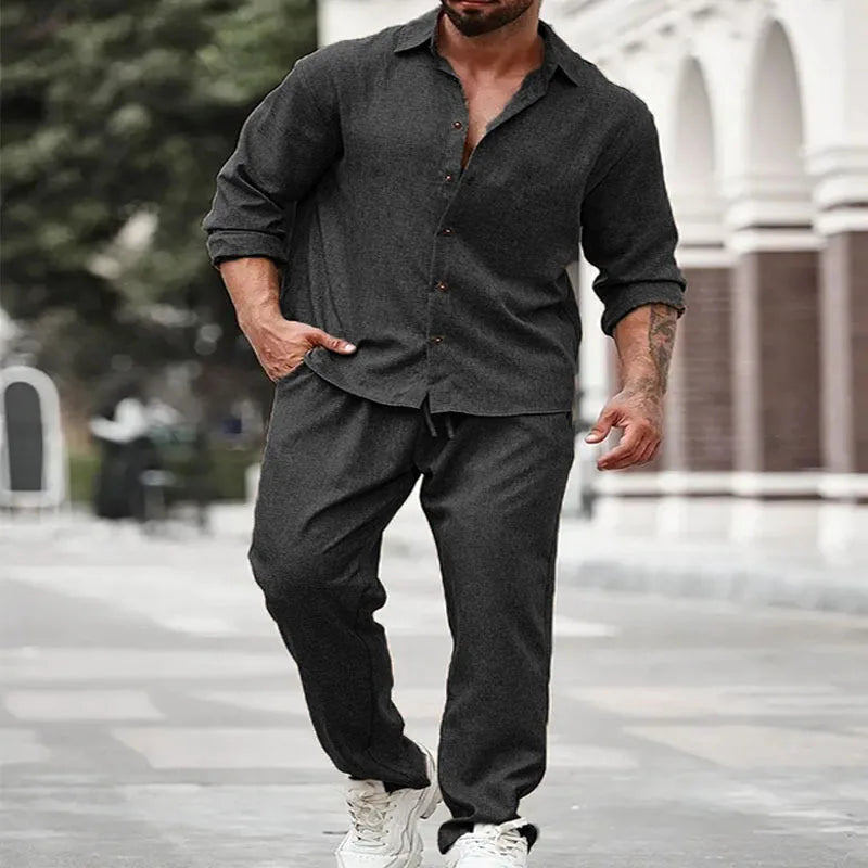 Men Shirt 2 Piece Sets Top Straight Pants Suit Single Breasted Turn Down Collar Drawstring Outfits 2025 Autumn Casual Ensemble Good Vibrations