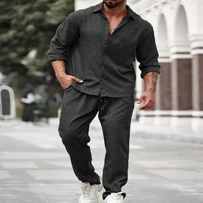 Men Shirt 2 Piece Sets Top Straight Pants Suit Single Breasted Turn Down Collar Drawstring Outfits 2025 Autumn Casual Ensemble Good Vibrations