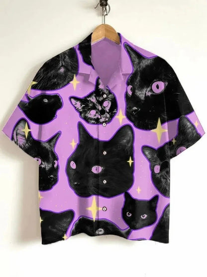 Men's Cat Graphics Shirts Short Sleeved Button Down Lapel Shirt For Summer Oversized Tops Vacation Casual Hawaiian Shirts Good Vibrations