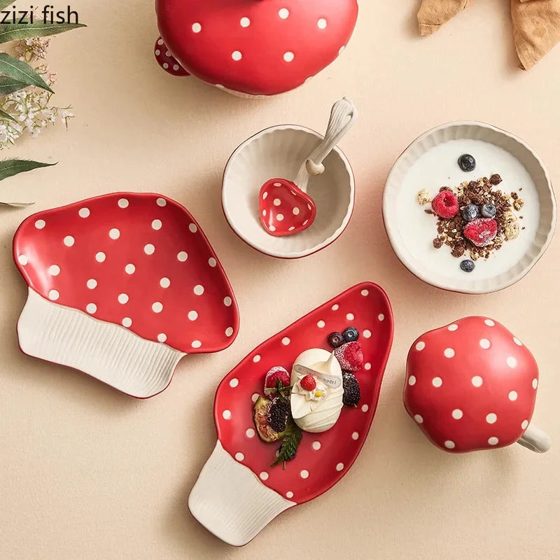 Mushroom Ceramic Tableware Mushroom Rice Bowl Noodles Bowl Soup Pot Flat Plate Sushi Plate Mushroom Mug Spoon Kitchen Tableware Good Vibrations