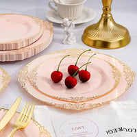350 Pcs Pink And Gold Plastic Plates, Plastic Dinnerware Set For 50 Guests, 100 Disposable Plates, 150 Silverwares, 50 Cups, 50 Good Vibrations