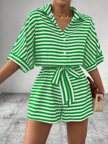Summer New Set For Women's Casual Loose Comfortable Outfit Fashion Striped Batwing Sleeve Shirt Top+ Shorts 2-piece Sets Woman Good Vibrations