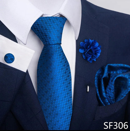 Luxury Mens Ties Floral Black Gold Ties Paisley NeckTie Pocket Square Cufflinks Brooch Set Men's Wedding Party Tie Good Vibrations