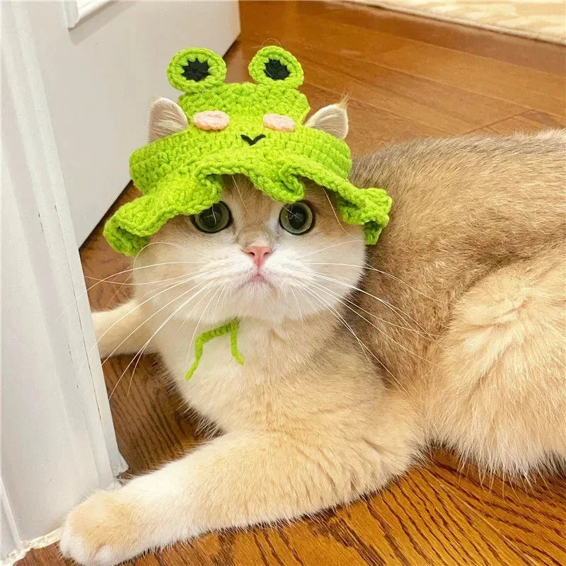 Cute Cat Hat Funny Pets Party Cosplay Headwear Delicate Hemming Pendant Decor Elasticity Knitted Hat Pet Accessories Good Vibrations