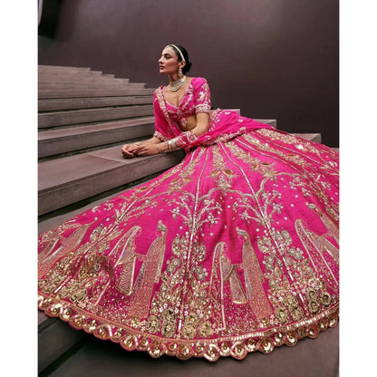 Most Trending Beautiful Bridal Lehenga Choli Veil Collection in Dark-Pink Size M by Heera Creation for Brides Good Vibrations