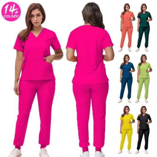 Women nurse uniforms scrub sets with V-neck tops and jogger pants in 14 solid colors for medical professionals