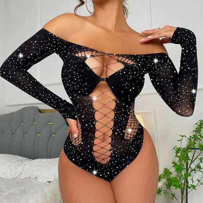 Women sexy rhinestone long sleeve fishnet transparent bodysuit with hollow diamond design.