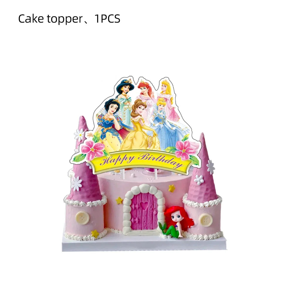 Princess Cake Toppers for Girls Birthday Cake Decoration Cinderella Mermaid Rapunzel Cake Toppers Pink Glitter Cake Flag Good Vibrations