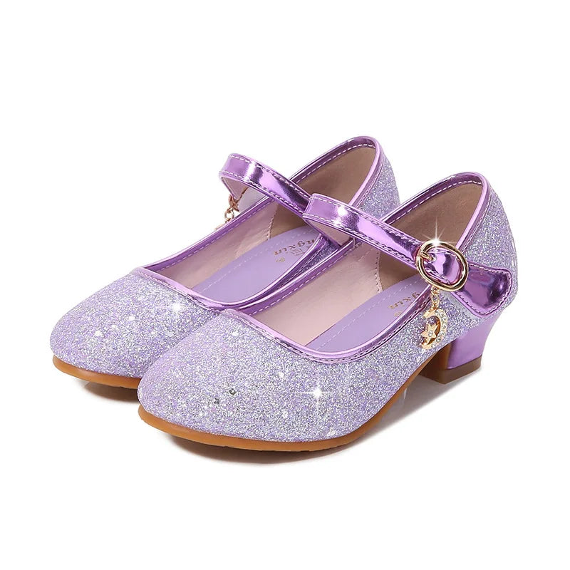 Children Princess Shoes student dance shoes for Girls High Heel Sandals Dress Purple Kids Leather Glitter Crystal Shoes Banquet Good Vibrations