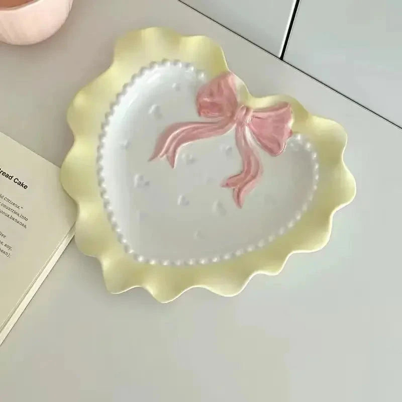 INS Wind Bowl Plate Cute Wave Edge Bow Knot Love Wave Dot Ceramic Lace Tableware Girl Heart Home Rice Bowl Plate Dessert Plate Good Vibrations