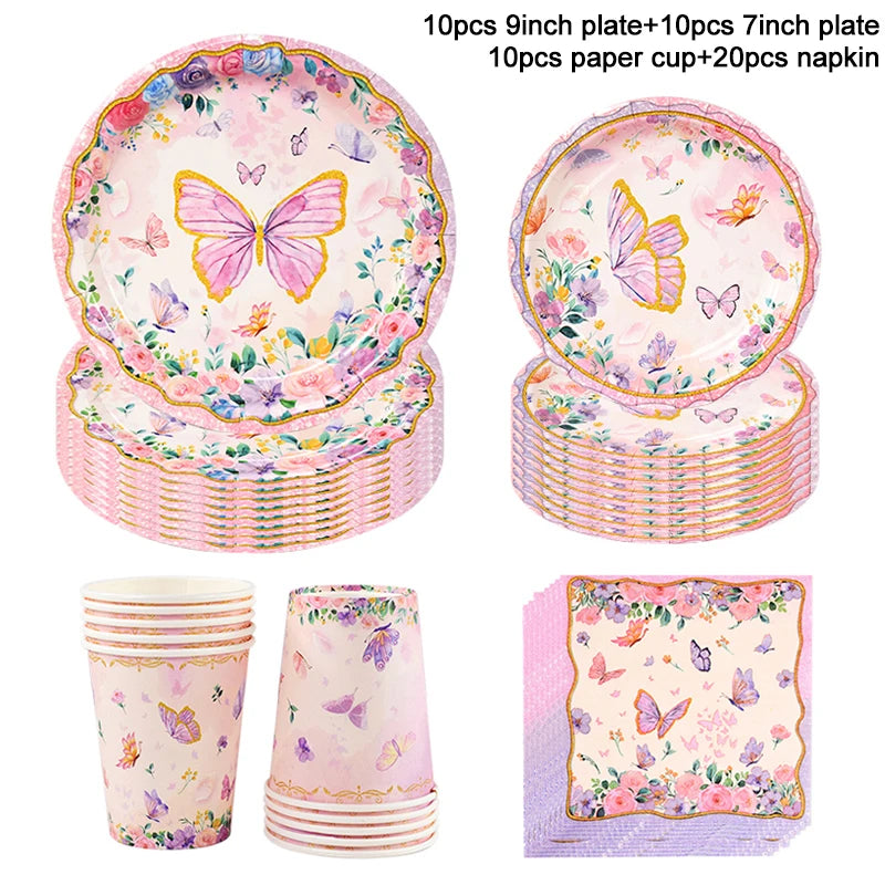 Butterfly Disposable Tableware Set Paper Plate Cup Napkins Pink Butterfly Birthday Party Decoration Baby Shower Wedding Supplies Good Vibrations