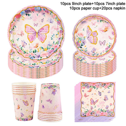 Butterfly Disposable Tableware Set Paper Plate Cup Napkins Pink Butterfly Birthday Party Decoration Baby Shower Wedding Supplies Good Vibrations
