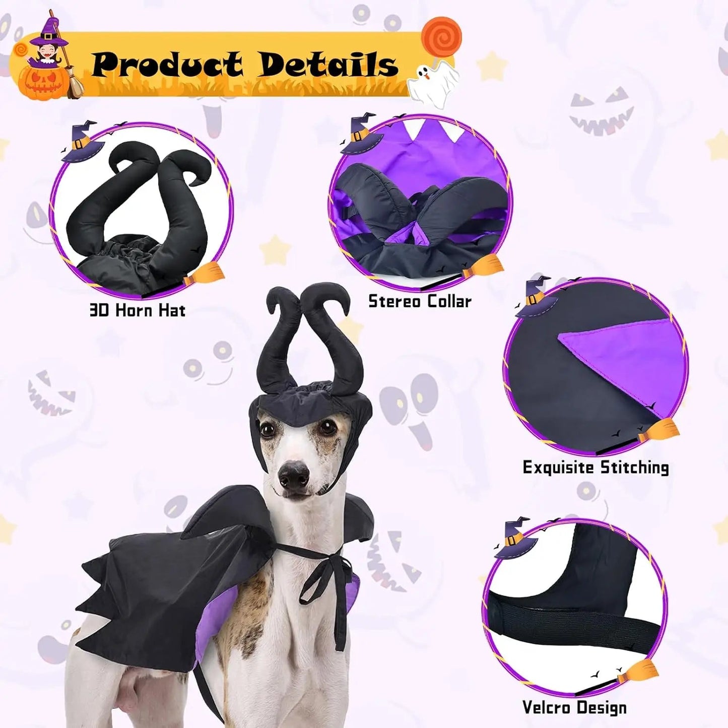 Halloween Witch-Shaped Costume cat Purple Vampire Cape Puppy Wizard Devil Horns Hat Pet Holiday Outfit for Small Middle-Sized Do Good Vibrations