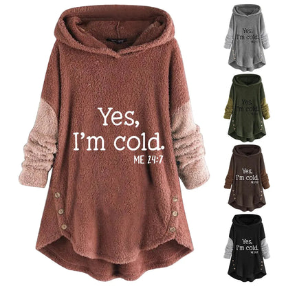 Letter Embroidered Patchwork Fleece Sweatshirt Autumn Winter Long Sleeve Loose Long Hoodie Coats Pocket Warm Plush Hoodie Tops Good Vibrations