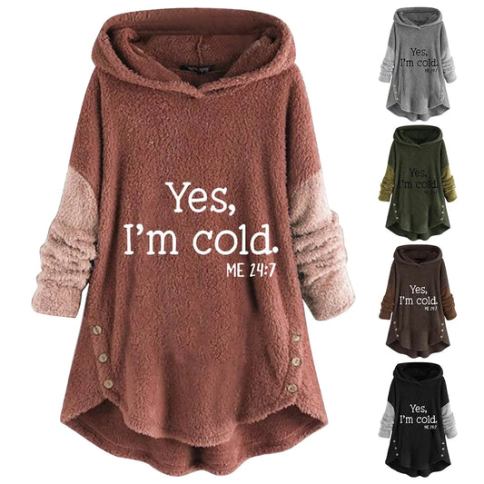 Letter Embroidered Patchwork Fleece Sweatshirt Autumn Winter Long Sleeve Loose Long Hoodie Coats Pocket Warm Plush Hoodie Tops Good Vibrations