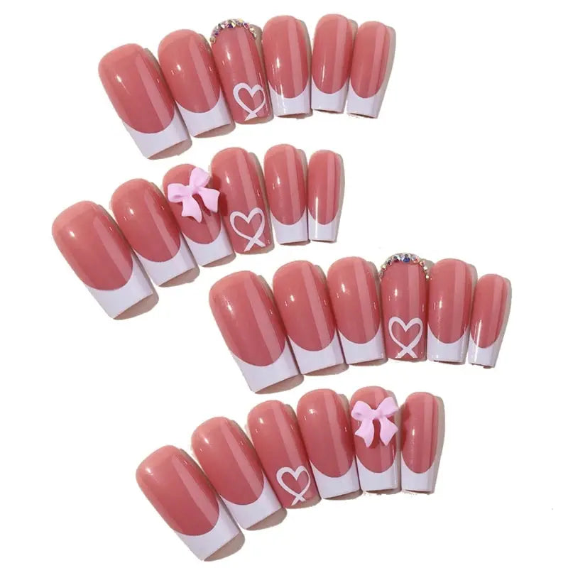 Chic Bows Tie Adorned Press On Nails Medium Long False Nails Full Cover Glossy Nude Square Acrylic False Nails Drop Shipping Good Vibrations
