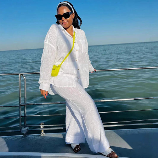 Two Piece Sets Pant Set Women Turn Down Collar White Work Shirt Casual Loose Wide Leg Long Pants High Waist Y2k Streetwear 2025 Good Vibrations