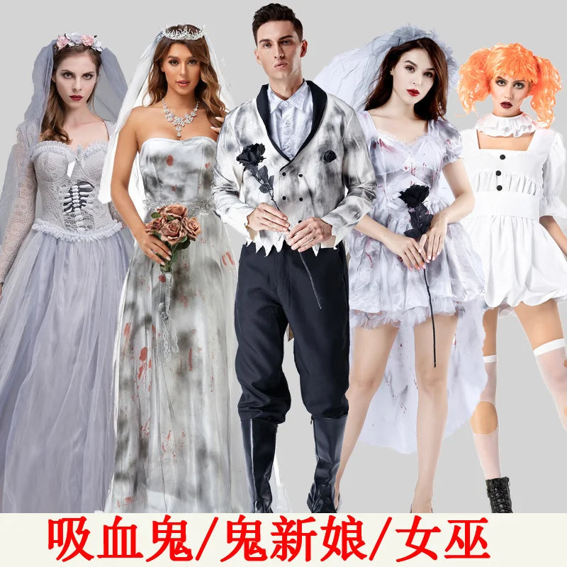 Women Halloween Vampire couple uniform Purim Cosplay Costumes men Horror Ghost Dead Zombie Corpse Bride costume Dress adult Good Vibrations