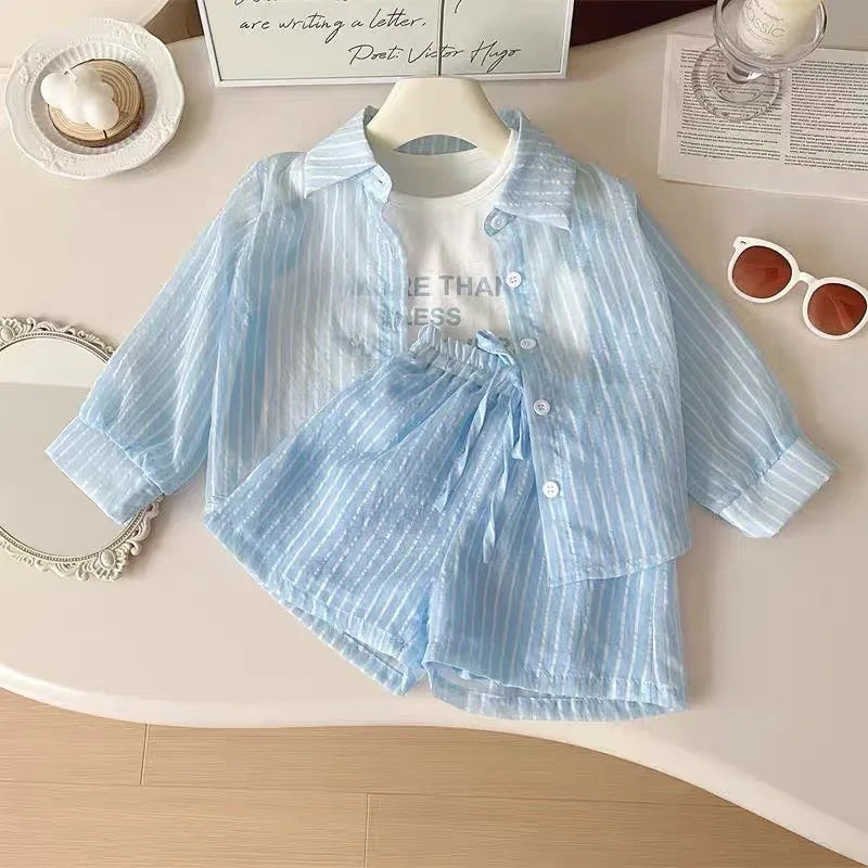 3Pcs Girls Clothing Sets Summer Cool Blouse Shirt+shorts+T-shirt Children Clothes Suits New Kids Outfits Set 2-7Yrs Good Vibrations