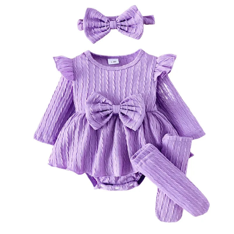 Autumn Winter Baby Girl Sets Purple Green Pink Red Ruffle Long Sleeve Bodysuit+Socks+Headwear Infant Birthday Party Wear D0141 Good Vibrations