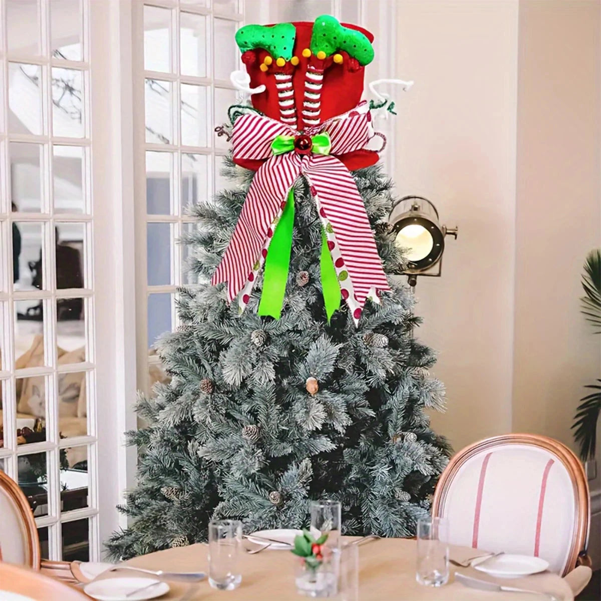 A Christmas tree hat, red and green elf leg hat, sequined striped bow tree hat, perfect for Christmas tree decoration Good Vibrations