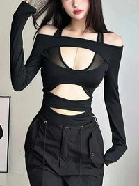 Hollow Out Sexy Bodysuit Lingerie Long Sleeve Bustier One-pieces Lenceria Femenina Solid Black Body Feminino Club Rave Outfit GOOD Vibrations