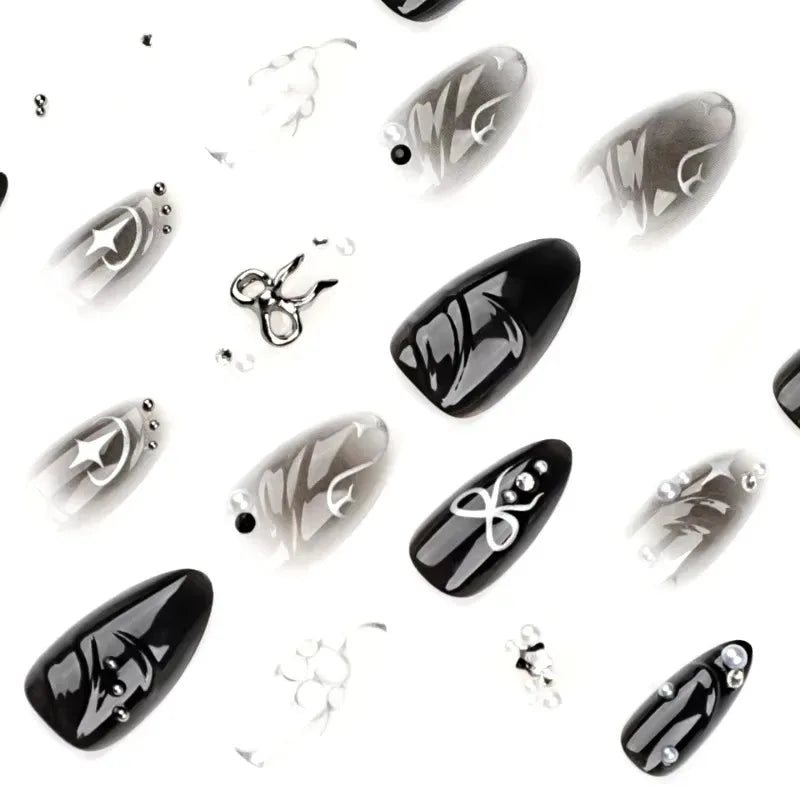 24Pcs False Nails Spicy Girl Silver Bow with Diamond Fake Nails with Glue Almond Press on Nails Black Cool Y2k Almond Nail Set Good Vibrations
