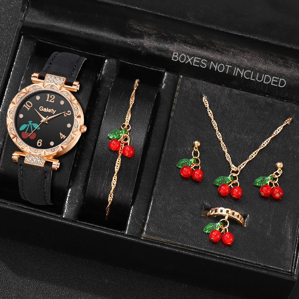 6PCS/Set Red Women's Watch With Minimalist Elements Dial Quartz Watch Latex Strap Cherry Elements Jewelry Set Girl's Gift Good Vibrations Adult Super Store