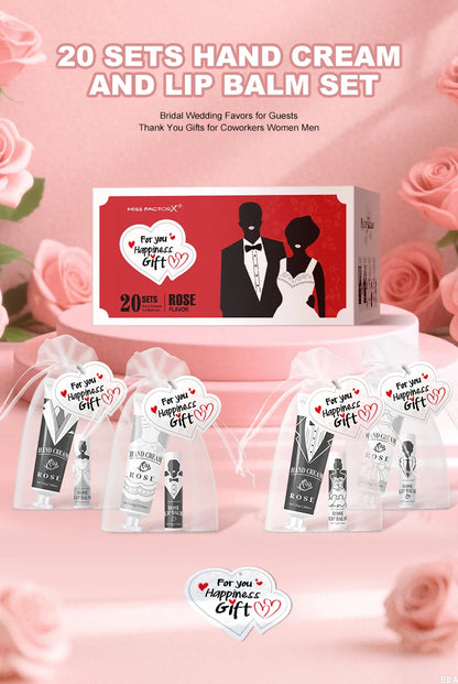 20 sets of wedding dress and suit theme gifts include hand cream, lipstick, white drawstring bag and wedding love greeting card