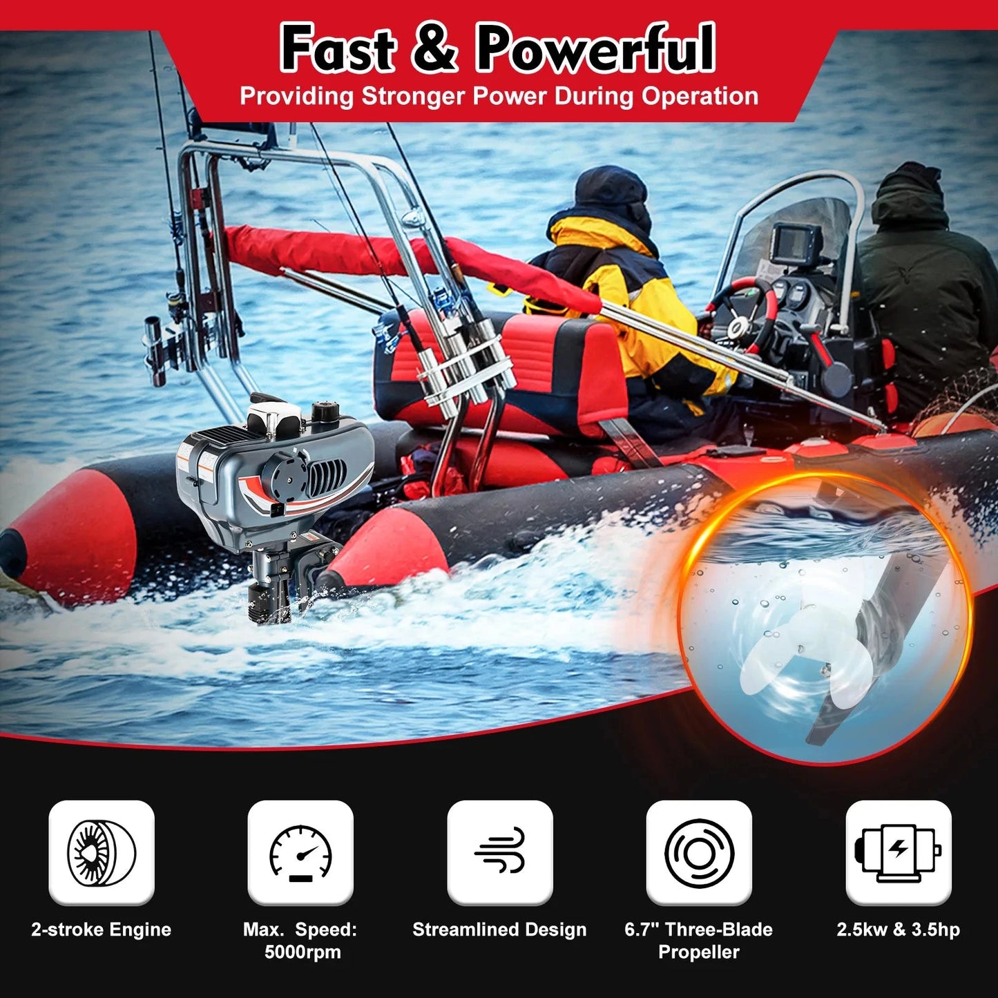gasoline outboard motor 3.5hp Power 5000rpm Speed 1.3L Tank 35:1 Fuel Ratio Suitable for Fishing Boats Speedboats Small Boats Good Vibrations