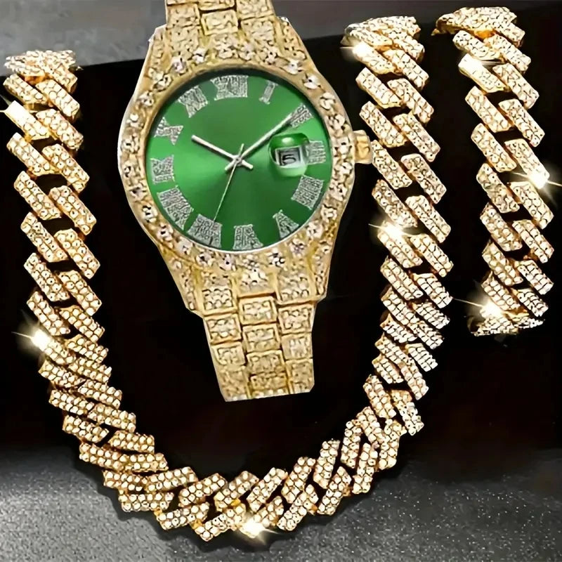 4pcs/set Mens Bling Wrist Watch & Hip Hop Cuban Chain Necklace Set - Rhinestone Accented, Round Dial, Electronic Quartz Movement Good Vibrations