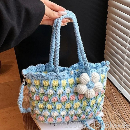 Crochet Crossbody Bag for Women Girl Handmade Color Block Handbag Lightweight Casual Summer Daily Purse Good Vibrations