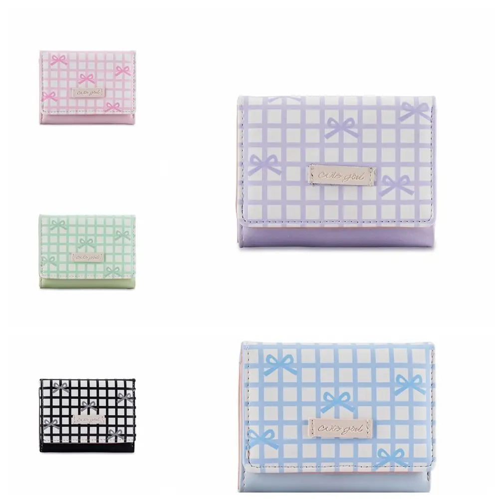 Pouch Sweet Cute Tri-Fold Purses Lattice Multiple Card Slot Women Card Holder Candy Color PU Leather Coin Purse Student Good Vibrations