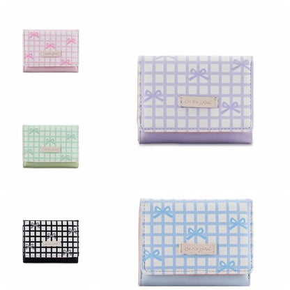 Pouch Sweet Cute Tri-Fold Purses Lattice Multiple Card Slot Women Card Holder Candy Color PU Leather Coin Purse Student Good Vibrations